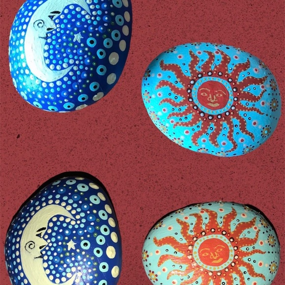 Hand-painted Patio Mandala Rocks • Set of 2 • Moon & Sun - Picture 2 of 7